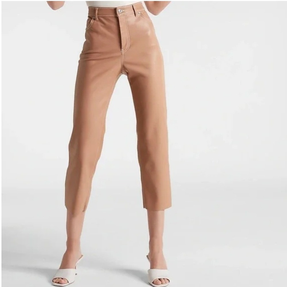 Express Womens Cropped Super High Rise Faux Leather Straight Leg Pant Size 6 Tan